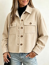  Women's Shirt Jacket Corduroy Jacket Casual Jacket Lightweight Pocket Buttons Fashion Casual Short Lapel Regular Fit Long Sleeve Outerwear dark brown claret turmeric Spring Fall