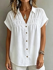  Damen Bluse Gerafft Einfach Stilvoll Lässig Kurzarm V Ausschnitt Normale Oberteile Lässig Täglich Weiß Khaki Schwarz Rosa Sommer Frühling