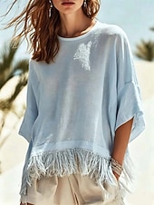  Women's Blouse Fringe Plain Stylish Casual Half Sleeve Crew Neck Regular Tops Casual Daily Blue White Green Summer Spring