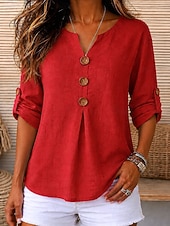  Mulheres Camisa de linho Blusa Côr Sólida Vintage à moda Clássico Manga Longa Henrique Collar Tops regulares Casual Diário Vermelho Verão Primavera