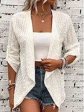  Women's Lace Blazer Suits Lightweight Open Front Elegant Plain Casual Regular Notch Lapel Regular Fit 3/4 Length Sleeve Outerwear White Orange-red Black Fall