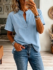  Women's Shirt Demin-look Washed Cotton Boho Shirt Lace Patchwork Denim Solid Color Plain Vintage Western Casual Short Sleeve Square Neck Regular Tops Casual Daily Holiday Blue Light Blue