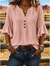 economico Bluse Semplici-Per donna Camicie effetto lino Blusa Camicia di cotone Volant Bottoni Tinta unica Quotidiano Elegante Casual Manica 3/4 Scollo a V Top corti Casuale Quotidiano Blu Giallo Rosa Verde Beige Estate