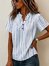  Mujer Blusa Graphic Geométrico Elegante Vacaciones Vintage Manga Corta Henry Collar Tops regulares Casual Azul Piscina Rosa Verde Trébol Verano Primavera