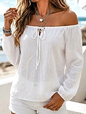  Dames Normaal shirt Geknoopt Effen Kleur Vintage Lange mouw Schouderafhangend Casual Wit Zwart Abrikoos Zomer Lente