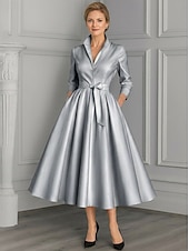 baratos Comprimento do tornozelo-Linha A Até o Tornozelo Vestido de festa Vestido Coquetel Vestido de convidada de casamento Vestido Para Mãe dos Noivos Manga Longa Decote V Elegante Vintage Festa Noite Formal Festa de Casamento