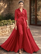 abordables Trajes de pantalón de mamá-Dos Piezas Traje de pantalón Hasta el Tobillo Vestido de Madrina Media Manga Cuello Camisero Elegante Formal Invitado a la boda Satén con Lazo(s)