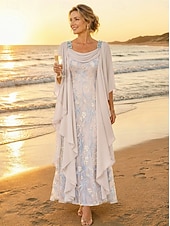  Linha A Até o Tornozelo Vestido de renda Vestido Para Mãe dos Noivos Manga Longa Scoop pescoço Elegante Vintage Formal Convidado do casamento Festa de Casamento Chiffon Renda com Fru-Fru Bordado
