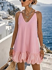  Per donna Mini abito Abito Boho Abito con balze Vintage Quotidiano Vacanza Vestibilità comoda Colore Puro Senza Maniche Scollo a V Rosso violaceo Giallo Rosa Blu marino Estate