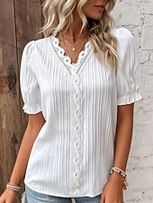preiswerte Schicke Blusen-Damen T Shirt T-Shirt Spitze Patchwork Einfach Mode Stilvoll Klassisch Kurzarm V Ausschnitt Normale Oberteile Täglich Ausgehen Wochenende Schwarz Weiß Gelb Himmelblau Purpur Sommer Frühling