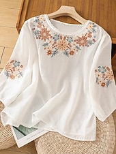  Blusa Bordada Feminina Floral Estilosa Casual Manga 3/4 Gola Redonda Tops Regulares Dia a Dia Branca Rosa Cinza Verão Primavera