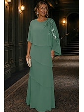 baratos Comprimento do chão-Linha A Vestidos Longo Vestido Para Mãe dos Noivos Meia Manga Scoop pescoço Elegante Vintage Luxuoso Formal Convidado do casamento Semi formal Chiffon Renda Xales com Miçangas Apliques Babados em