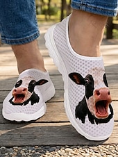  Witte instapschoenen voor heren met koeiengezichtprint en een ademend bovenwerk van honingraatvormig mesh. &Lichtgewicht EVA-buitenzool, casual sneakers voor dagelijkse wandelingen, strand en vissen.