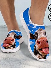  Witte instapschoenen voor heren met koeiengezichtprint en een ademend bovenwerk van honingraatvormig mesh. &Lichtgewicht EVA-buitenzool, casual sneakers voor dagelijkse wandelingen, strand en vissen.