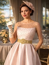 ieftine Rochii lungi și rochii de seară-Linia -A Lungime Genunchi Rochii de bal Elegant 1950 Manșon Jumate Bijuterie Invitat la nunta Kentucky Derby Buzunar Satin cu Buton Buzunar