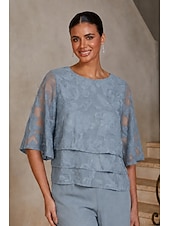  Mulheres Blusas Gola Redonda Meia Manga Mangas Evasê Casual Diário Mãe da noiva Formal com Esgotamento Floral Bainha com babados em camadas Azul empoeirado