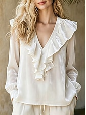  Vintage fluwelen damesblouse - elegante top met ruches, V-hals en lange mouwen.