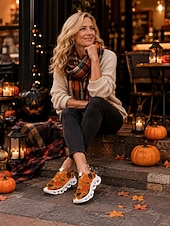  oransje Halloween slip-on strikkede sneakers til dame, lette tursko med gresskartrykk og pustende, polstret såle for kostymefester og turer på landet. &hverdagsbruk