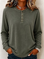  Women's Waffle Shirt Washed Cotton Pullover Solid Color Casual Long Sleeve Henry Collar Regular Tops Casual Black Dark Green Brick red Dark Blue Beige Fall Winter