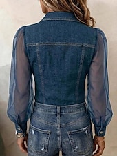  Mulheres camisa de botão Patchwork Com Transparência Botões Elegante Manga lanterna Colarinho de Camisa Casual Preto Azul Escuro Azul Claro Verão Primavera Outono