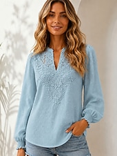  Per donna Blusa Tessuto Semplice Elegante Casual Manica Lunga Scollo a V Top Regolari Casuale Quotidiano Blu Bianco Rosso Estate Primavera