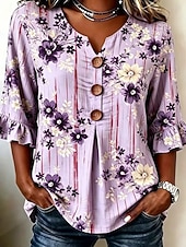 cheap Stripe&amp;Geometric Blouses-Women's Shirt Patchwork Buttons Print Graphic Striped Vintage Stylish 3/4 Length Sleeve V Neck Long Tops Casual Daily Holiday Purple Brown Grey Summer Spring