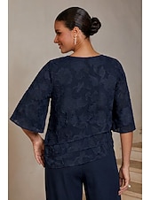  Mulheres Blusas Gola Redonda Meia Manga Mangas Evasê Casual Diário Mãe da noiva Convidado do casamento com Esgotamento Floral Bainha com babados em camadas Azul Marinho Escuro