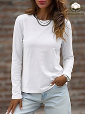  Mulheres 100% Algodão Camiseta Camisetas Côr Sólida Clássico Casual Manga Longa Gola Redonda Tops regulares Casual Diário Azul Branco Preto Rosa Cinza Claro Primavera Primavera / Outono / Inverno