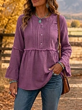  Mulheres camisa Boho Camisa casual Franzido Patchwork Peplum Elegante Manga Longa Decote V Tops longos Casual Azul Preto Vinho Roxo Marron Verão Primavera Outono