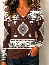  Women's T Shirt Print Graphic Vintage Vintage Casual Boho Long Sleeve V Neck Regular Tops Casual Daily Blue Dark Brown Light Brown Spring Fall Winter