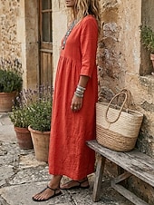 preiswerte Kleider-Damen Maxikleid Leinenkleider A Linie Kleid Lässig Urlaub Lässiger Schnitt Einfarbig Dreiviertelarm V Ausschnitt Khaki Dunkelblau Sommer Herbst