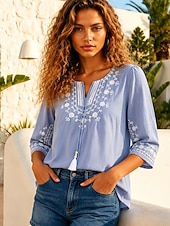 baratos Tops com bordado artesanal-Blusa Bordada Feminina Floral Estilosa Casual Manga 3/4 Gola Redonda Tops Regulares Dia a Dia Azul Verão Primavera