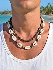 abordables Bijoux pour hommes-Collier bohème de plage pour homme, à plusieurs rangs, perles de bois &amp;Collier double rang de coquillages, idéal pour les vacances d'été, les séjours en station balnéaire, les festivals, les voyages