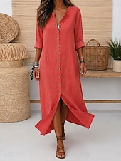  Damen Maxikleid Leinenkleider Vintage Täglich Lässiger Schnitt Einfarbig Langarm V Ausschnitt Weiß Schwarz Gelb Rote Sommer