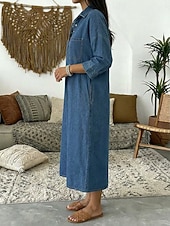 halpa Valkoinen mekko-Naisten Midimekko Huppari mekko Farkkumekko Vintage Päivittäin Loose Fit Tavallinen 3/4 hiha Paitapuserokaula-aukko Sininen Vaalean sininen Syksy