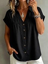  Damen Bluse Gerafft Einfach Stilvoll Lässig Kurzarm V Ausschnitt Normale Oberteile Lässig Täglich Weiß Khaki Schwarz Rosa Sommer Frühling