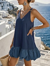  Per donna Mini abito Abito Boho Abito con balze Vintage Quotidiano Vacanza Vestibilità comoda Colore Puro Senza Maniche Scollo a V Rosso violaceo Giallo Rosa Blu marino Estate