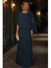 baratos Comprimento do chão-Linha A Vestidos Longo Vestido Para Mãe dos Noivos Meia Manga Scoop pescoço Elegante Vintage Luxuoso Formal Convidado do casamento Semi formal Chiffon Renda Xales com Miçangas Apliques Babados em