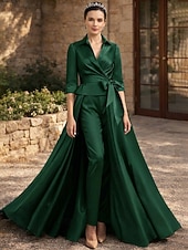 abordables Trajes de pantalón de mamá-Dos Piezas Traje de pantalón Hasta el Tobillo Vestido de Madrina Media Manga Cuello Camisero Elegante Formal Invitado a la boda Satén con Lazo(s)