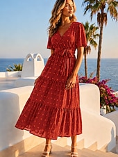  Mulheres Vestido midi Vestido A Line Casual Praia Normal Tecido Manga Curta Decote V Vermelho Verde Verão Primavera