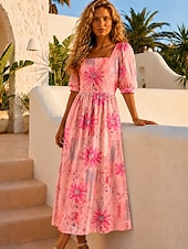 baratos Vestidos Florais-Mulheres Vestido midi Vestido A Line Férias Casual Boho Feriado Normal Floral Gráfico Meia Manga Gola Redonda Amarelo Rosa Verão Primavera