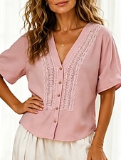  Per donna Blusa Pizzo Semplice Elegante Casual Manica Corta Scollo a V Top Regolari Casuale Quotidiano Bianco Rosa Verde Estate Primavera