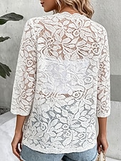  Women's Casual Jacket Lace Jacket Breathable Open Front Elegant Floral Casual Regular Collarless Regular Fit 3/4 Length Sleeve Outerwear White Black Summer Spring