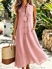  Women's Midi Dress Shift Dress Sundress White Dress A Line Dress Vacation Casual Boho Daily Holiday Summer Dress Plain Sleeveless Mandarin Collar Blue White Navy Pink Summer Fall