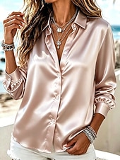  Mulheres Camisa Social Elegant Top de cetim Blusa Franzido Botões Com Pregas Côr Sólida Tecido Elegante Vintage senhoras Manga Longa Colarinho de Camisa Tops regulares Diário Trabalho Feriado Prata