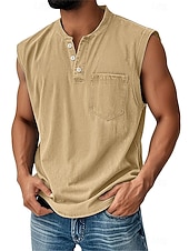  Men's Vintage Tank Top 100% Cotton Acid Wash Vest Top Undershirt Sleeveless Shirt Sleeveless Henley Summer Plain Fashion Designer Basic Pocket Buttons Vacation Street Black Top Tee for Men