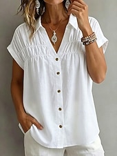  Damen Bluse Gerafft Einfach Stilvoll Lässig Kurzarm V Ausschnitt Normale Oberteile Lässig Täglich Weiß Khaki Schwarz Rosa Sommer Frühling