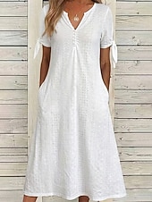 baratos Vestidos de renda branca-Mulheres Vestido midi Vestido Boho Vestido A Line Vestido de verão vestido plissado Elegante Moda Moderno Casual Diário Ao ar livre Ajuste Largo Tecido Manga Curta Decote V Azul Branco Roxo Verão