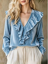  Vintage fluwelen damesblouse - elegante top met ruches, V-hals en lange mouwen.