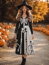  Halloween Γυναικεία Μίντι φόρεμα Φόρεμα σε γραμμή Α Διακοπές Καθημερινό Κανονικό Γραφική Νεκροκεφαλές Μακρυμάνικο Λαιμόκοψη V Μαύρο Ρουμπίνι Φθινόπωρο Χειμώνας